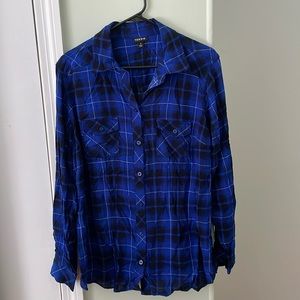 Blue and black button down flannel print blouse